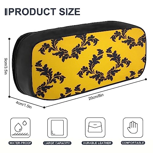 Fionel Yellow-Regal-Filagree-Pattern Pu Leather Quad Pen Case Zipper Pencil Pouch Holder For Pens Case Office Storage Box Organizer Pen Bag(8×1.5×3.5 In) #TOP1