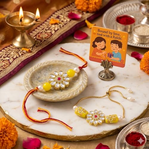 Image of SAUDEEP INDIA Decorative Fridge Magnet for Refrigerator Decor | Free Lumba Rakhi Set for Bhaiya Bhabhi | Raksha Bandhan Gift Combo | Cotton Thread Couple Rakhi Festive Gift Home Decor(Yellow Stone)