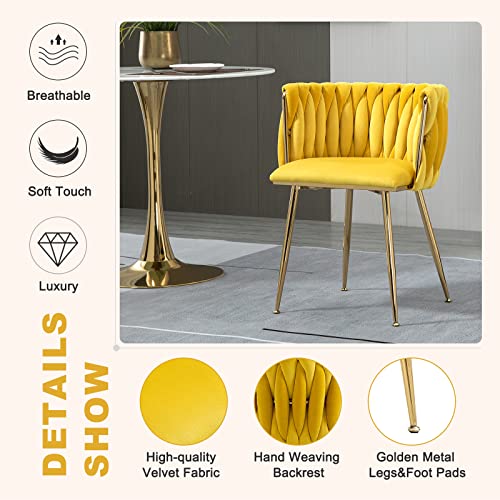 Nioiikit Modern Velvet Dining Chairs Set Of 2 Hand Weaving Accent Chairs Living Room Chairs Upholstered Side Chair With Golden Metal Legs For Dining Room Kitchen Vanity Living Room (Mustard) #TOP2