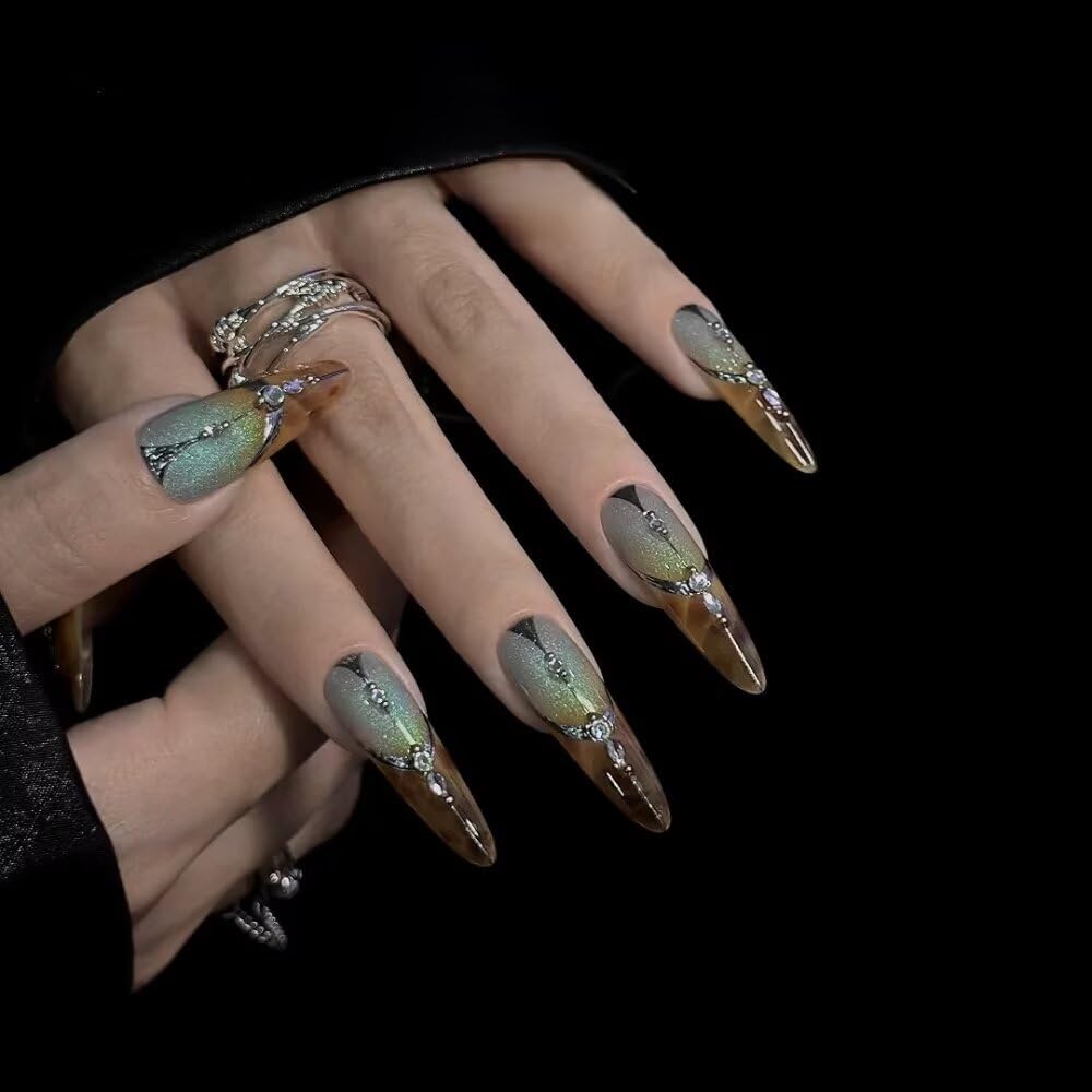 Press On Nails Handmade Long Almond Nails 3D Fake Nails for Women Reusable 10 Pcs False Fingernails Stick On Nails Artistic Salon Design, Thick Acrylic and Muti-Layer Gel Fingernails with Set