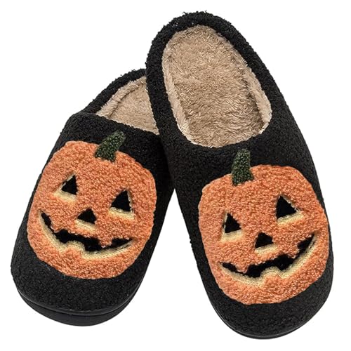 Image of Halloween Pumpkin Slippers for Womens Mens Plush Warm Spooky Lantern Pumpkin Slippers House Shoes