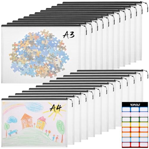 Image of 24pcs A4 Mesh Zipper Pouch File Bags, 12pcs Large A3 and 12pcs Letter A4,Black Reusable Zipper Bags for Organizing Storage, Waterproof Puzzle Bag, Board Game Storage and School Office Supplies