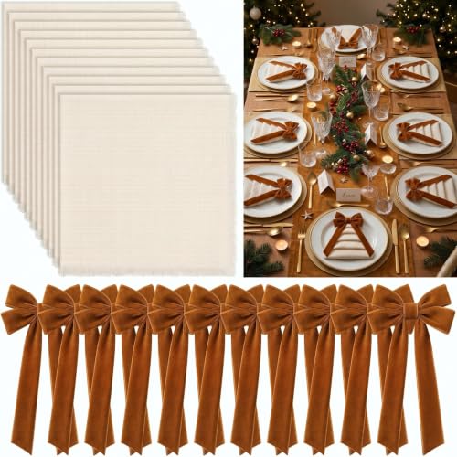 FoldTier 12 Sets Christmas Cloth Napkins with Velvet Bows, Brown