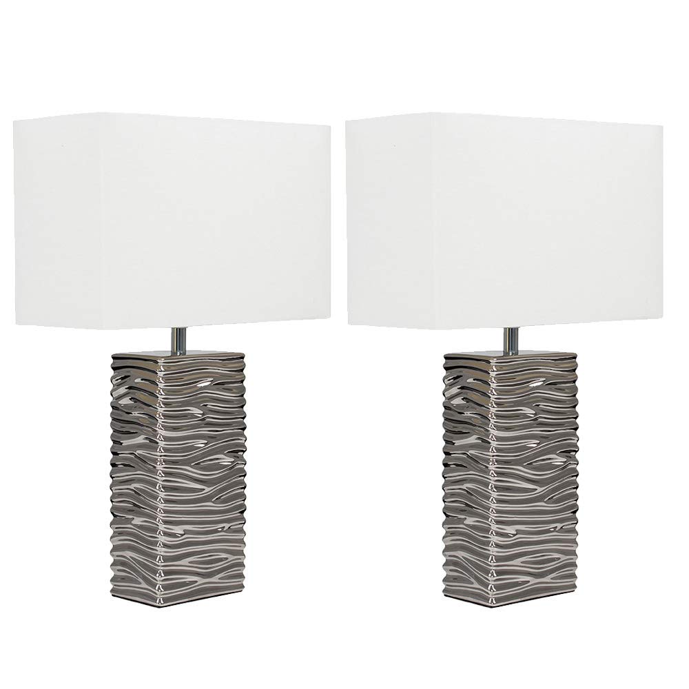 MiniSun | Modern Silver Ripple Effect Ceramic Table Lamp with a White Light Shade | Home Décor, Bedside & Desk Lamp | Pair of 2 | Includes Bulb [3000K Warm White]