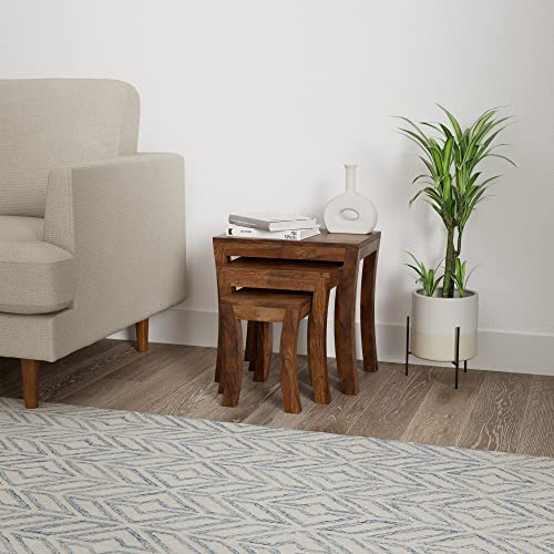 Image of STRATA FURNITURE Solid Sheesham Wood Loddin Nested Side Table | Space-Saving Wooden Bedside Table Furniture | Nightstand for Living Room Home (Set of 3, Natural Finish)