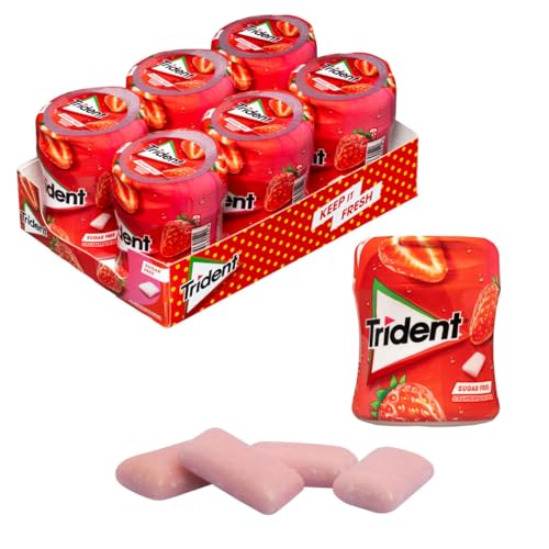 iChuches- Chicle sin azúcar de larga duración Trident. Refrescante, sin calorías, ideal para el aliento (6 botes, grageas fresa)