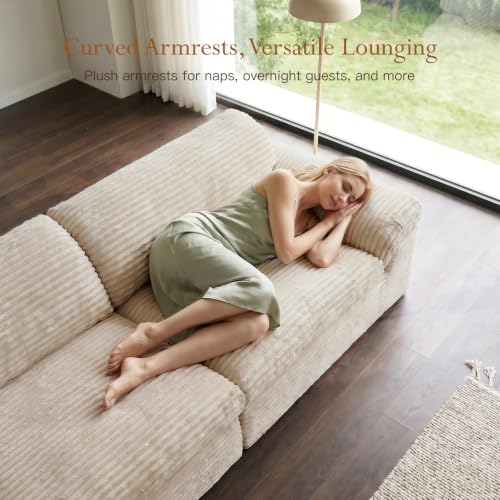 Image of Vesgantti 118 inch Boneless Couches for Living Room, Cloud Sectional Couch & Deep Seat, 3 Seater Comfy Corduroy Modular Sofa, Modern Slouch Couch, No Assembly Required, Beige
