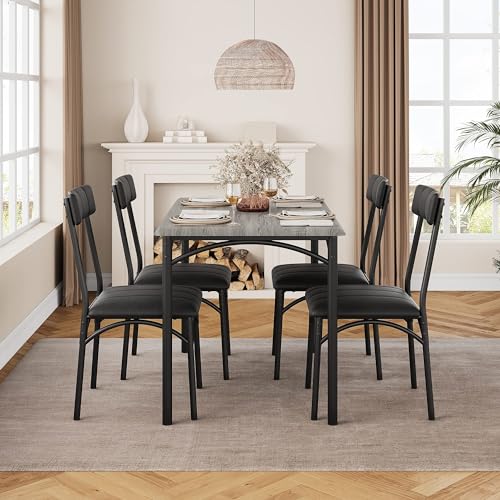 Image of Garvee Farmhouse Dining Table Set for 4, Small Kitchen Table with 4 Upholstered Chairs, 5-Piece Dining Set for Apartment, Dining Room, Small Space, Gray