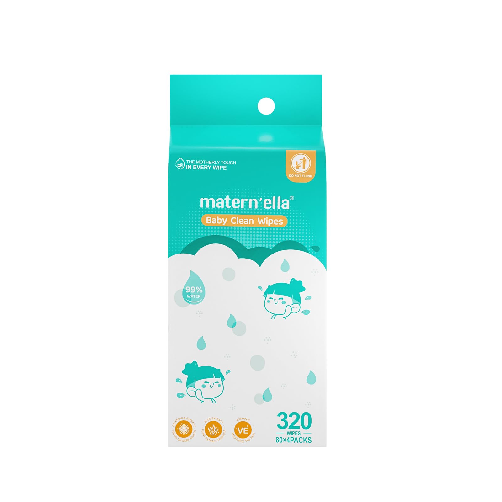 MATERN'ELLA Baby Wipes, Diaper Wipes for Sensitive Skin, Wet Wipes with 99% Water Based, Hypoallergenic, Safe and Gentle, 4 Flip-Top Packs (320 Wipes Total)
