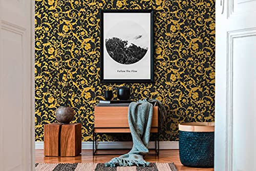 Baroque Wallpaper with Ornaments Versace 3 Non-Woven Wallpaper 10.05 m x 0.70 m Gold Black Yellow Made in Germany 343262 34326-2