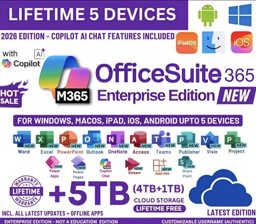 Image of MS 365 Enterprise Edition with Copilot Ai | New 2026 Launch | (5 Devices, Lifetime Validity) for Win, iOS, macOS, iPADOS, Android | 5TB Cloud Storage for lifetime | Regular Updates with Unlimited Reinstallations