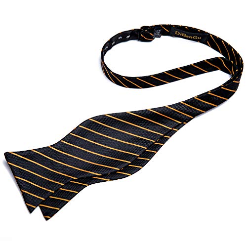Dibangu Classic Black Gold Striped Self Bow Tie Handkerchief Cufflinks #TOP3