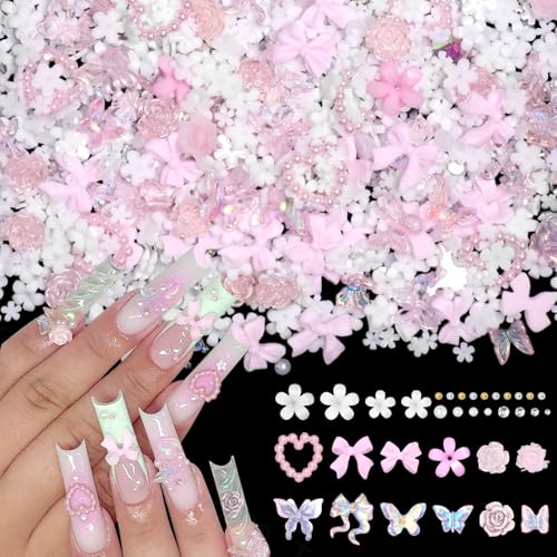 1000 Pcs White Flower Nail Charms, 3D Tiny Flowers Charms for Acrylic Nails Mixed Pink Bows Butterfly Petal Nail Art Charms, Caviar Beads and Half Nail Pearls for Manicure Nail Accessories