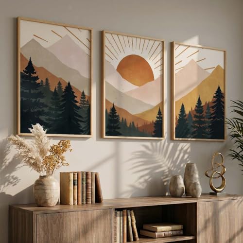 Image of kotart Boho Mountain View Framed Painting | Big Aesthetic Nature Inspired Framed Paintings for Living Room Bedroom Wall Decor Set Of 3 (35x37 Inch)