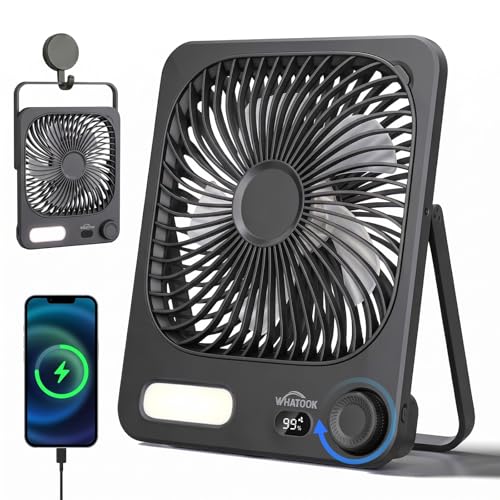 WHATOOK Ventilateur de Table Rechargeable 10000mAh avec Veilleuse, USB C Silencieux 30dB, 100 Vitesses, 40h, Écran Auto-Off, Grille Lavable, Crochet Camping Bureau Chambre