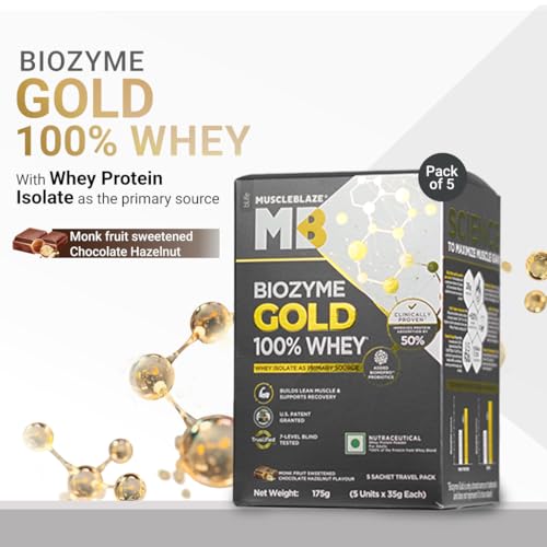 Image of MuscleBlaze Biozyme Gold 100% Whey Protein Powder (Monk Fruit Sweetened Chocolate Hazelnut (5x35g) | Whey Isolate as Primary Protein Source