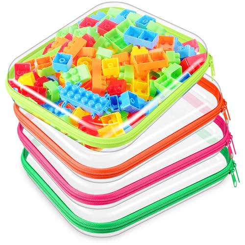 Image of Hoolerry 4 Pcs Hard Clear Zipper Case Makeup Bags Plastic Zipper Pouch Transparent Storage Box Containers for Cosmetics, Snacks, Building Blocks, Puzzles(Clear,9.8 x 7.9 x 2 in,Fluorescent)