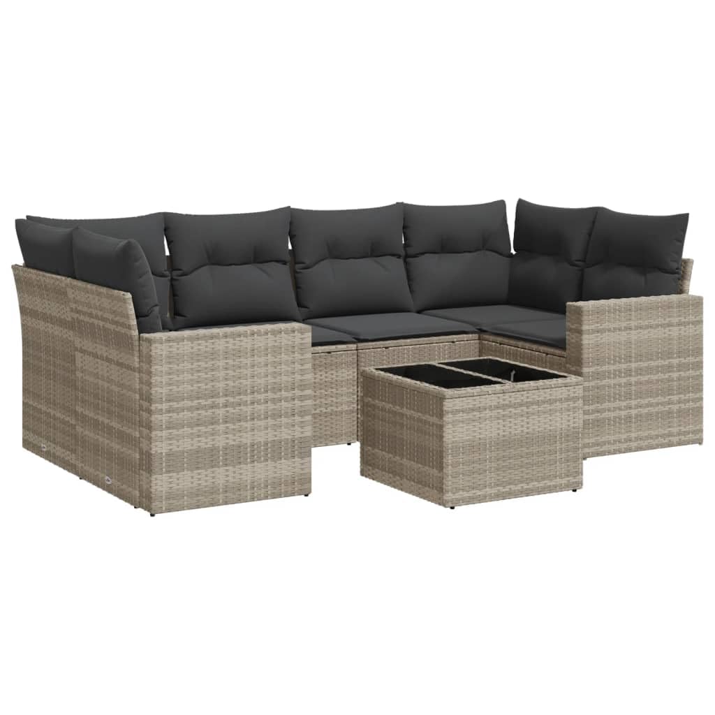 Set Salotto da Giardino 7 Pezzi in Rattan PE Grigio Chiaro | Salotto modulare per patio e terrazzo con tavolo in vetro temperato e comodi cuscini sfoderabili con morbida imbottitura.