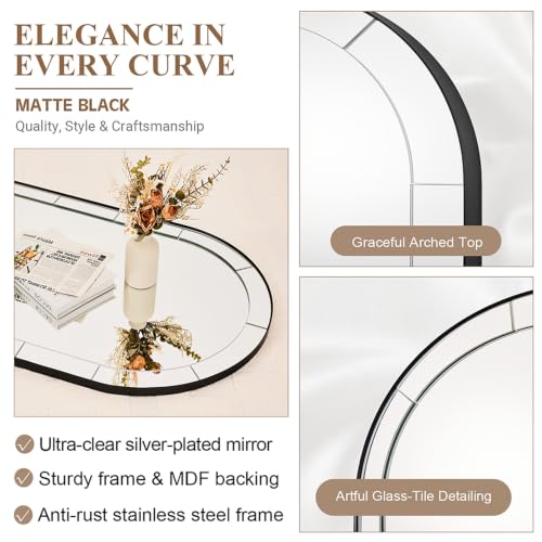 Image of MOON MIRROR Arched Mirror for Bathroom, Bathroom Mirrors for Over Sink, 20x30 inch Matte Black Non-Rusting Vanity Mirror in Delicate Tessellated Glass Design