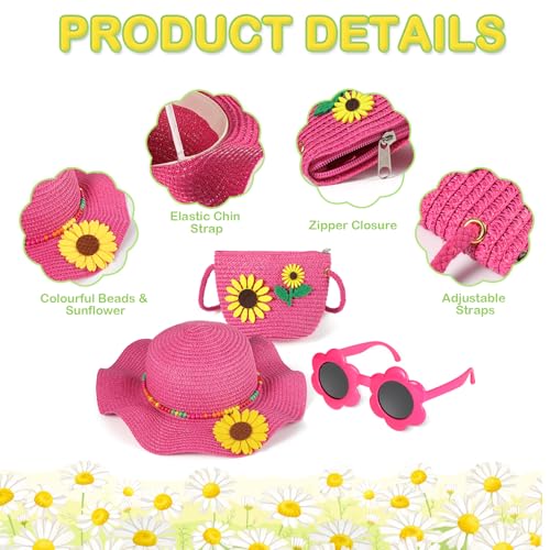 Girls Sun Hat Sunglasses with Sunflower Purse Jewelry Set, Sunflower Summer Straw Hat with Wide Brim for Kids Beach Holidays3
