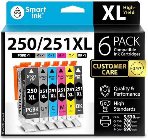 Smart Ink Compatible Ink Cartridges Replacement for Canon PGI-250XL CLI-251XL PGI 250 PGBK CLI 251 (1 PGBK and 1 Black/Cyan/Magenta/Yellow/Gray) 6 Combo Pack for PIXMA iP8720 MG6320 MG7120 MG7520