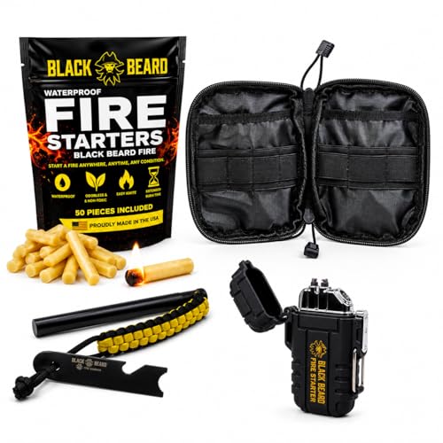 Black Beard Fire Plug Kit - 50 Waterproof Fire Plugs Arc Lighter Ferro Rod and Organizer Case for Camping Backpacking and Emergency Survival