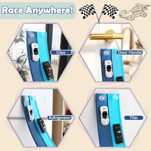 Image of Flex Tracks 15 Ft Starter Set, Flexible Race Track for Kids 3+ with Strong Suction Cups, Flexible Car Track Race Car Ramp Track Compatible with 1 /64 Diecast Cars, Portable Rolls Up Race Tracks