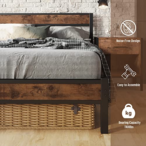 LIKIMIO Twin Bed Frame with Headboard, Easy Assembly, Noise-Free, No Box Spring Needed, Heavy Strong Metal Support Frames, Vintage Brown