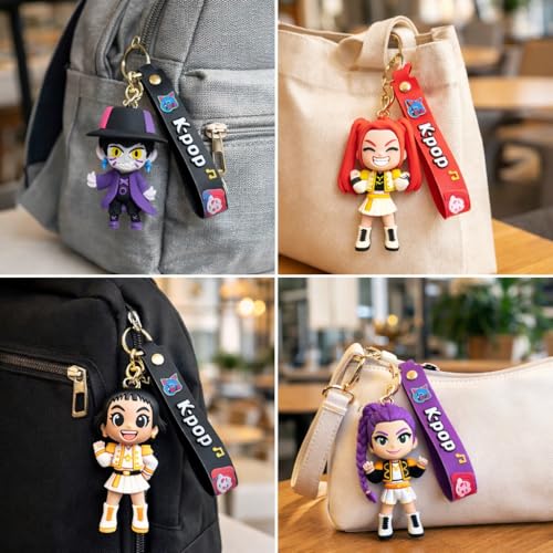 Image of Wanna Party Set of 4 Kpop Demon Hunters Cartoon Keychains for Boys and Girls, Cute Backpack Key Chain Accessories Wristlet chain Return Gift Items for Boys & Girls