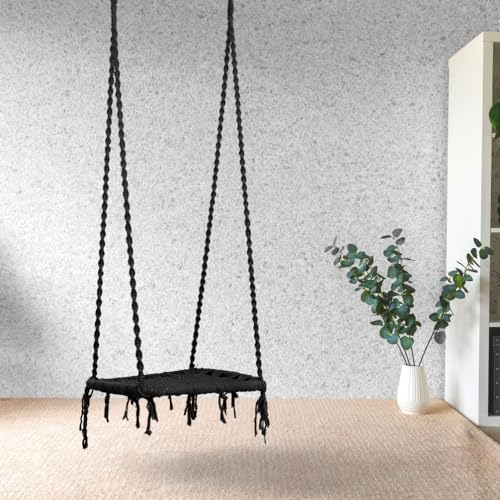 Image of Swingzy Cotton Pine Single Seater Swing Chair /Hanging Swing Chair for Home, Indoor, Outdoor, Patio, Balcony, Garden /Swing for Home /Jhula for Adults /Free Hanging Accessories (58x46,145 Cm, Black)