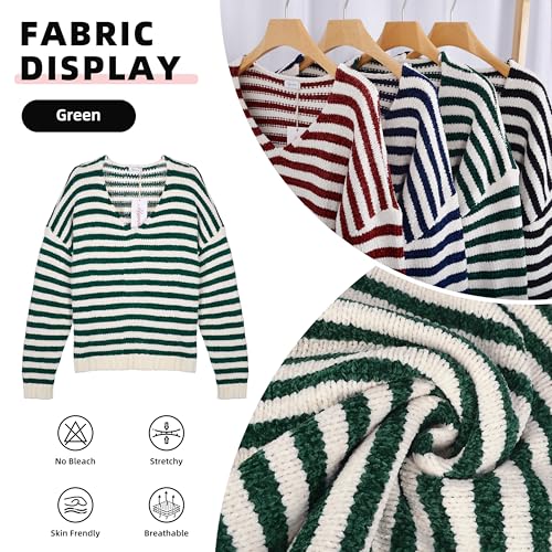 Image of V Neck Sweaters for Women Striped Oversized Pullover Sweaters Drop-Shoulder Side Slit Loose Knit Jumper Tops