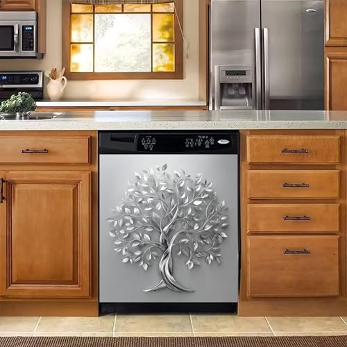 Image of BVBOX Dishwasher Magnet Cover 23 inchx26 inch, Reusable Magnetic Refrigerator Covers, Decorative Magnets Cover Fridge Door Skin Panel Stickers for Home Kitchen Appliance (Silver Tree of Life, 23 inchx26 inch)