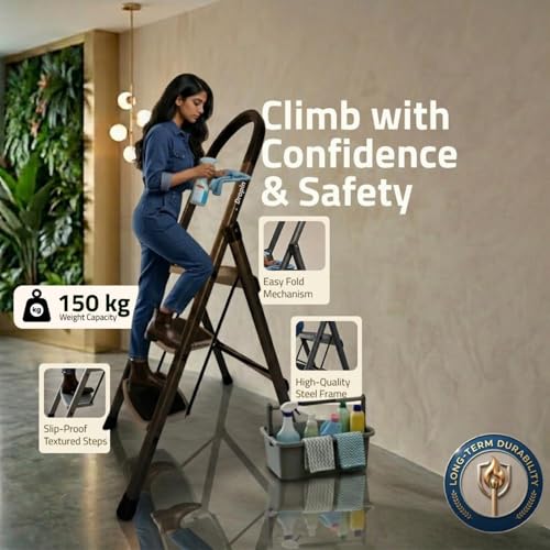 Image of Dropin Premium Steel 3 Step Foldable Ladder for Home Use with Built-in Tool Tray,Climb Easy Anti-SliWide Rubber Secure Lock 150Kg Capacity,Heavy Duty D Shape Rods - 20 x 30 cm Large Platform