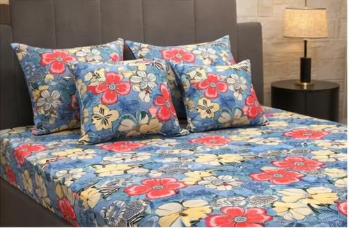 Image of Jashan 210 TC Premium Glace Cotton Elegant Multi Flowers Design 5 Pc Bedding Set - Soft, Stylish & Skin-Friendly Bedding Combo 1 Bedsheet+2Pillow Covers+2Cushion Covers with Fillers