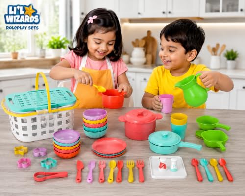 Image of Li'l Wizards Home Chef Play Set with Carry Basket|Kids Kitchen Accessories Set for for Kids Girls |Baking Cooking Playset for Girls|Pots Pans Playsets|Montessori Pretend Chef|Birthday Gifts Age 3+