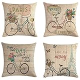 JUNGEN Funda de cojín 45 x 45cm Funda de Almohada de Lino Funda de cojín Vintage con Estampado de Flores y Bicicleta Almohada Caso de Cubierta para Decoracion de sofá Cama Salon (4PCS)