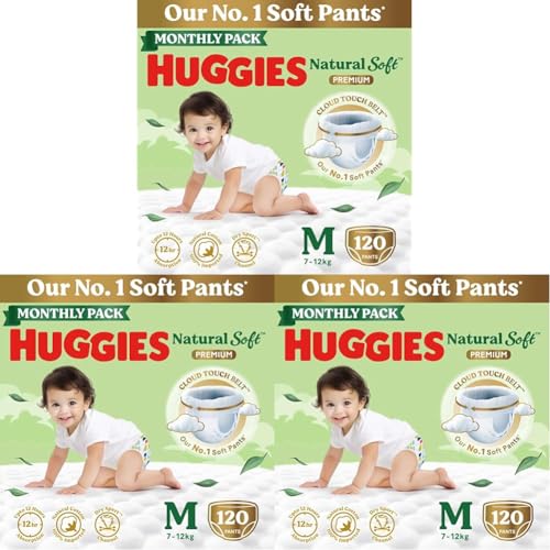 Image of Huggies Natural Soft Premium Baby Diaper Pants, Our No.1 Soft Pants, Medium (M) Size (7-12 Kgs), Monthly Pack of 360 diapers | Cloud Softness All over with India's 1st Cloud Touch BeltTM (60 Count, Pack of 2)