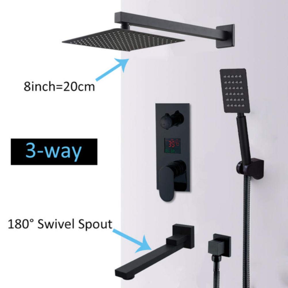 Zestaw prysznicowy z cyfrową baterią LED Matte Black 8 cali, wodospad z deszczem, czarny system prysznicowy do wanny, cyfrowy mikser prysznicowy LED do wanny