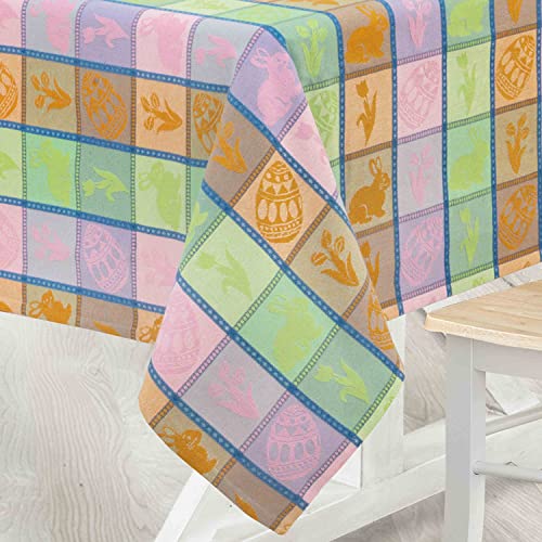 Home Bargains Plus Bunny Jubilee Easter Patchwork Woven Plaid Cotton Tablecloth, Pastel Easter Egg And Floral Plaid Woven Spring Fabric Tablecloth, 60” X 84" Oval #TOP6