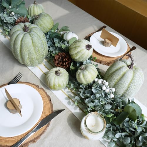 Image of Winlyn 7 Pcs Assorted Sizes Artificial Green Pumpkins Decorative Green Whitewashed Faux Foam Pumpkins for Halloween Thanksgiving Farmhouse Fall Autumn Harvest Home Mantel Table Centerpiece