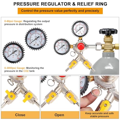 Image of Y-Shaped Co2 Regulator for Kegerator - CGA320 Co2 Pressure Regulator for 2 Beer Kegs, Commercial Dual Gauge Co2 Tank Regulator Kegerator Parts, Kegerator Regulator with 4 Hose Clamps