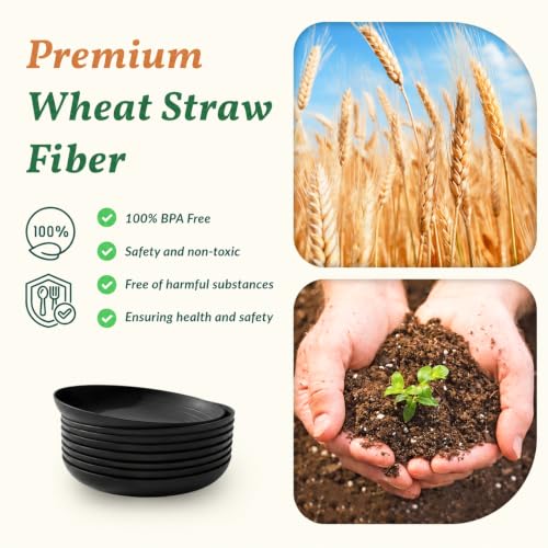 Image of Homienly Wheat Straw Plates Sets 8 PCS Unbreakable Plastic Plates for Party, Camping, Picnic, Stackable Deep Dinner Plates Set Microwave & Dishwasher Safe Kitchen Plates for Dessert (Black, 9 inch)