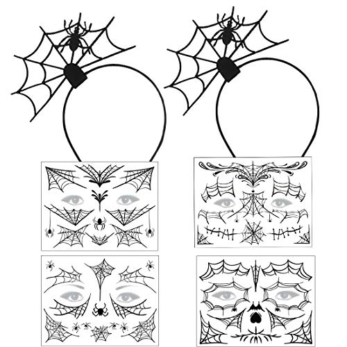 2 Pack Spider Headband and 4 Sheet Spider Face Tattoos Stickers Halloween Costume Set Fits for Woman Girl