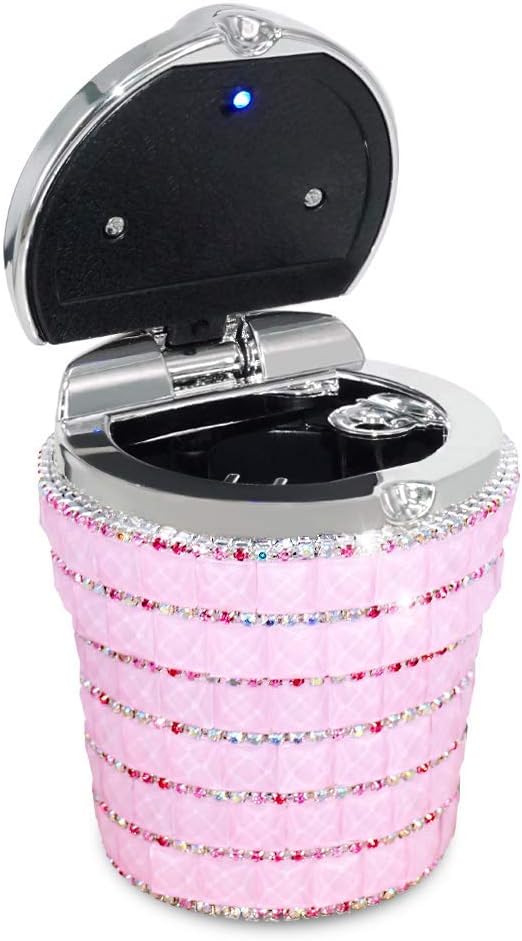eing Car Ashtray with Bling Bling Diamond Auto Cigarette Odor Smoke Remover Cylinder Cup Holder With LED Lamp,Pink