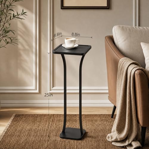 Image of Small Square Side Table, Drink Table with Weighted Base, Solid Wood & Metal Accent Table for Small Spaces, Pedestal End Table for Living Room, Bedroom, Office, Black