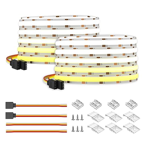 BTF-LIGHTING COB CCT Flexible High Density FCOB LED Strip 10M(2x5M) 640LEDs/m Tunable 3000K-6000K CRI>90 Dimmable Deformable LED Light Ribbon IP30 DC24V(Only LED Strip)