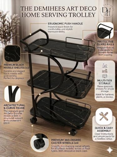 Image of Serving Trolley with Wheels for Home, Tea Food Drinks Serving Kitchen Trolley Restaurant, Hotels,Dining Room bar cart with Wheels (Full-Black)
