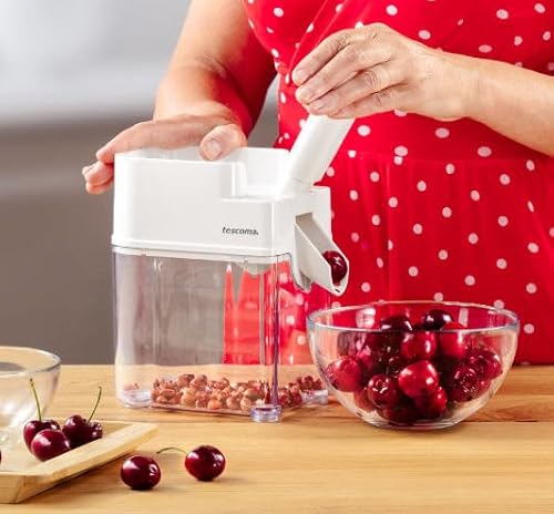 Foto von Tescoma Kirschentkerner manuell, Kirscheintsteiner mit Auffangbehälter, 18.5 x 11.5 x 20.5 cm,Stein ,Weiß/Transparent ,Edelstahl