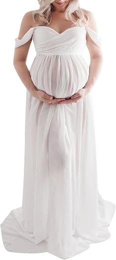 Maternity Dress for Women Off Shoulder Chiffon Gown Maxi Pregnancy Dress Formal Party Dress for Photoshoot Summer