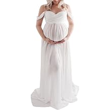 Maternity Dress for Photography Solid Color Off-Shoulder Chiffon Gown Front Split Long Pregnancy Dresses for Photoshoot